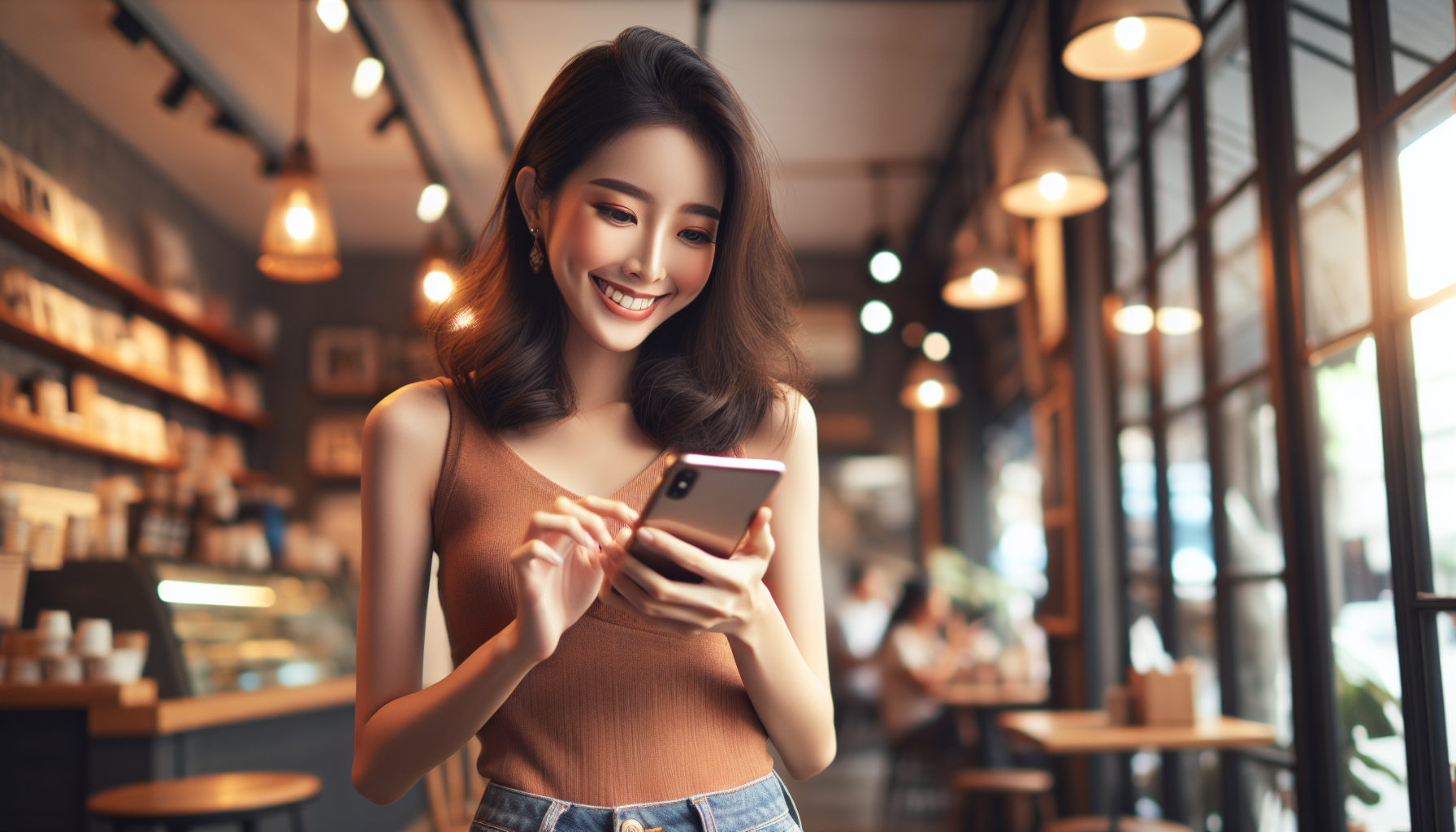 Beautiful young woman smiling while texting on dating app in cozy coffee shop - effective pickup lines conversation