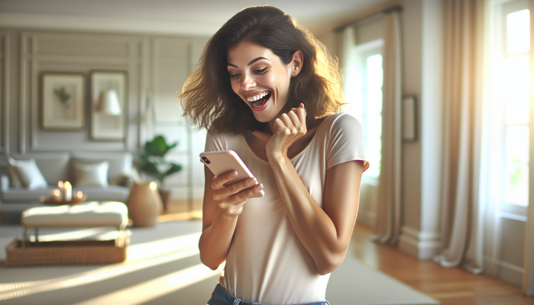 Happy young woman receiving engaging conversation starter on dating app - delighted facial expression in modern home
